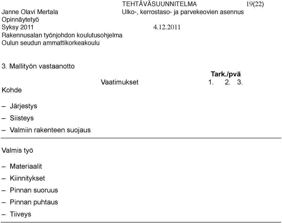 2. 3. Järjestys Siisteys Valmiin rakenteen suojaus