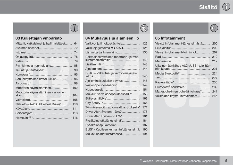 .. 143 Ikkunat ja taustapeilit... 90 Ajotietokone... 144 Kompassi*... 95 DSTC Vakautus- ja vetovoimajärjestelmä... 146 Sähkökäyttöinen kattoluukku*... 96 Ajo-ominaisuuksien sovitus... 148 Alcoguard*.