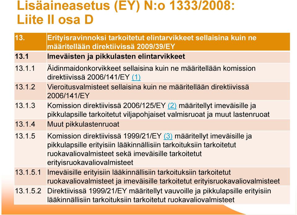 1.3 Komission direktiivissä 2006/125/EY (2) määritellyt imeväisille ja pikkulapsille tarkoitetut viljapohjaiset valmisruoat ja muut lastenruoat 13.1.4 Muut pikkulastenruoat 13.1.5 Komission