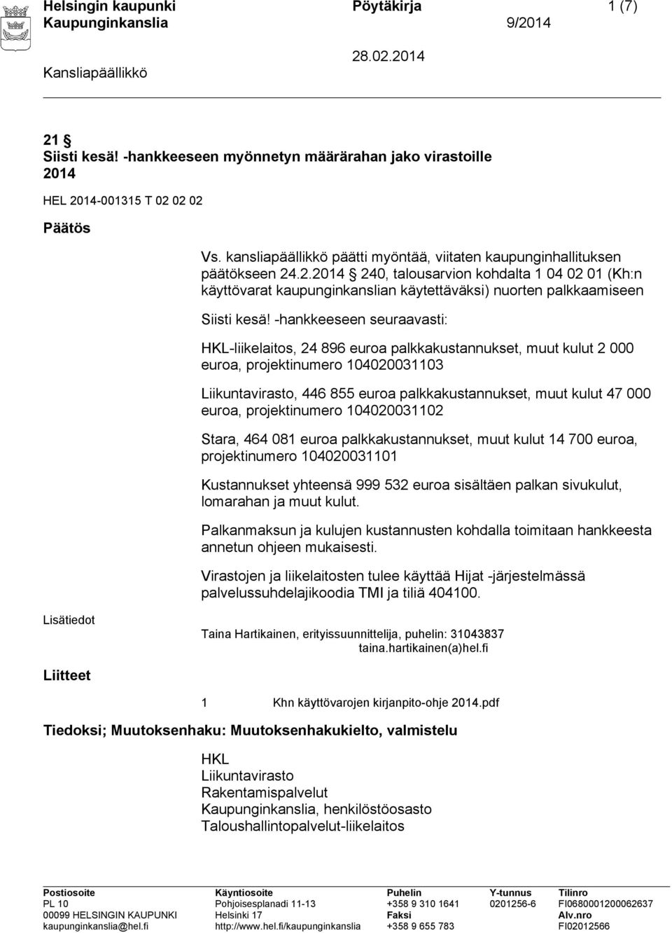 .2.2014 240, talousarvion kohdalta 1 04 02 01 (Kh:n käyttövarat kaupunginkanslian käytettäväksi) nuorten palkkaamiseen Siisti kesä!