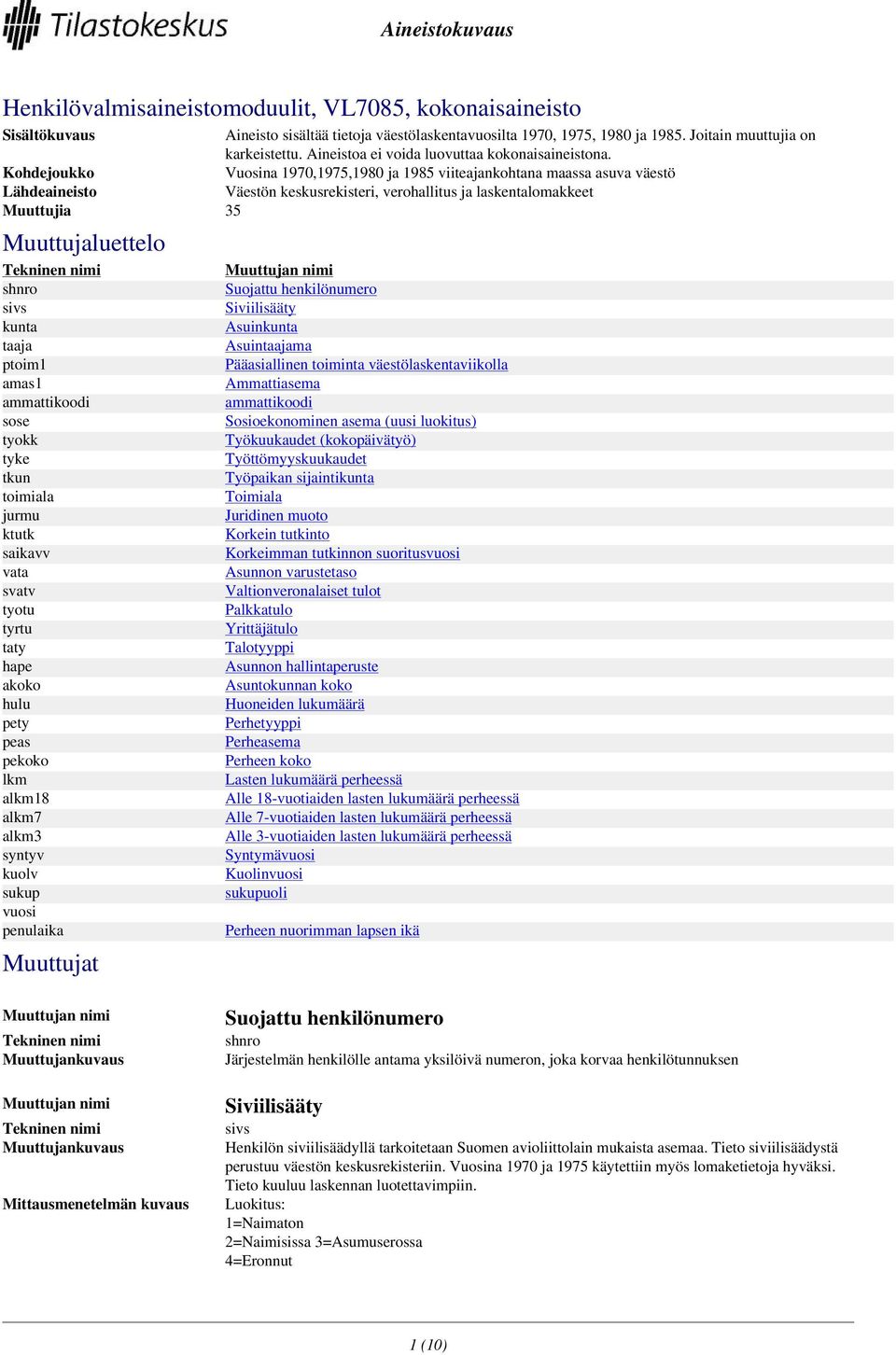 Kohdejoukko Vuosina 1970,1975,1980 ja 1985 viiteajankohtana maassa asuva väestö Lähdeaineisto Väestön keskusrekisteri, verohallitus ja laskentalomakkeet Muuttujia 35 Muuttujaluettelo shnro sivs kunta