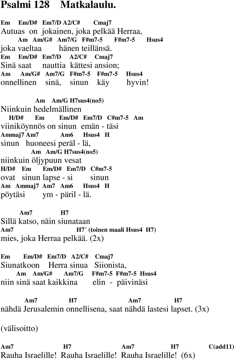 Am Am/G H7sus4(no5) Niinkuin hedelmällinen H/D# Em Em/D# Em7/D C#m7-5 Am viiniköynnös on sinun emän - täsi Ammaj7 Am7 Am6 Hsus4 H sinun huoneesi peräl - lä, Am Am/G H7sus4(no5) niinkuin öljypuun