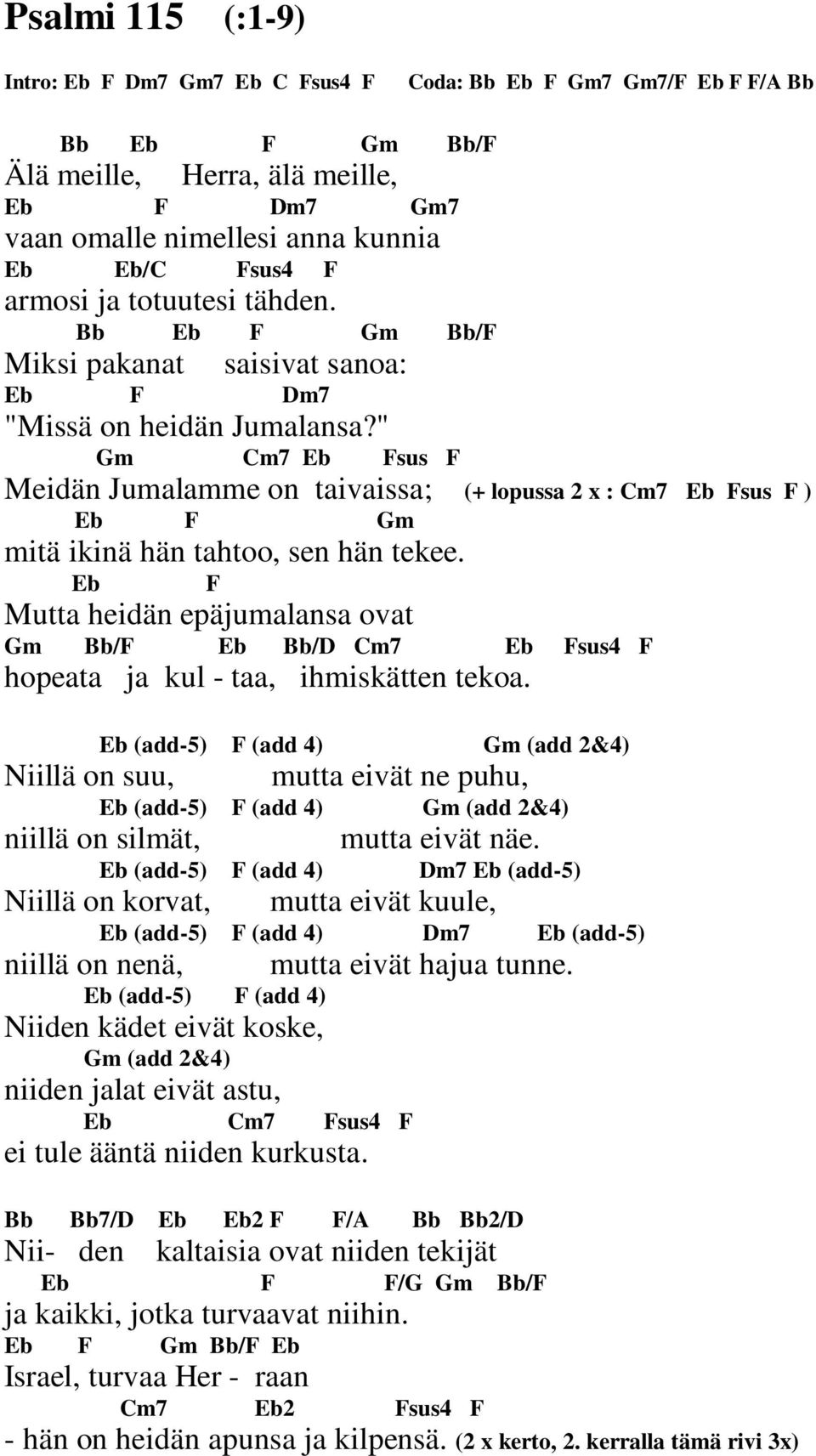 " Gm Cm7 Eb Fsus F Meidän Jumalamme on taivaissa; (+ lopussa 2 x : Cm7 Eb Fsus F ) Eb F Gm mitä ikinä hän tahtoo, sen hän tekee.