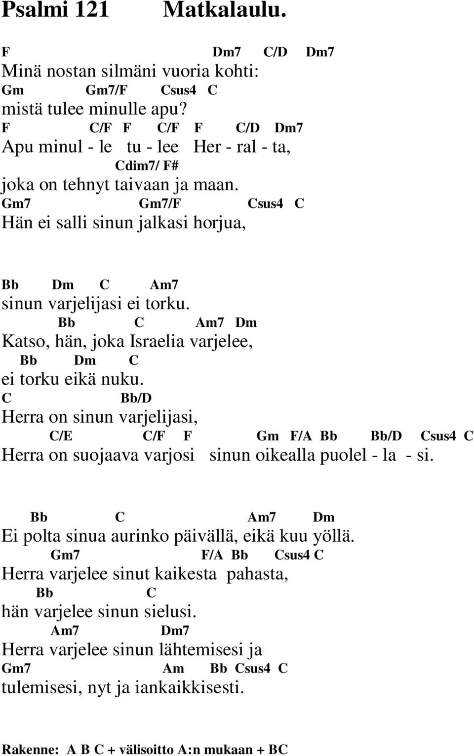 Bb C Am7 Dm Katso, hän, joka Israelia varjelee, Bb Dm C ei torku eikä nuku.