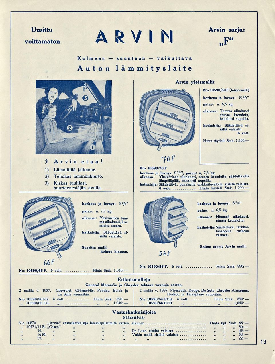 2) Tehokas lämmönkierto. 3) Kirkas tuulilasi, huurteenestäjän avulla. N:o 10590/70 F korkeus ja leveys: 9'/s", paino: n, ulkoasu: 7,5 kg.