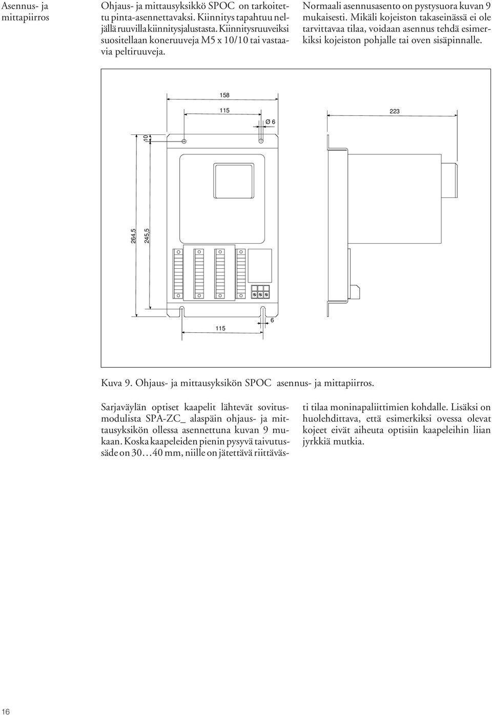 Mikäli kojeiston takaseinässä ei ole tarvittavaa tilaa, voidaan asennus tehdä esimerkiksi kojeiston pohjalle tai oven sisäpinnalle. 158 115 Ø 6 223 264,5 245,5 10 115 6 Kuva 9.