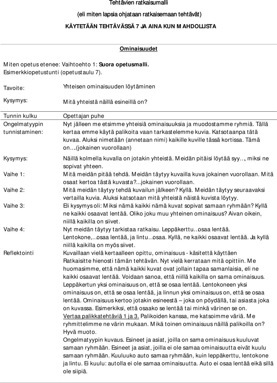 Tavoite: Kysymys: Tunnin kulku Ongelmatyypin tunnistaminen: Kysymys: Vaihe 1: Vaihe 2: Vaihe 3: Vaihe 4: Reflektointi Yhteisen ominaisuuden löytäminen Mitä yhteistä näillä esineillä on?