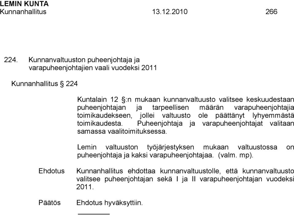 puheenjohtajan ja tarpeellisen määrän varapuheenjohtajia toimikaudekseen, jollei valtuusto ole päättänyt lyhyemmästä toimikaudesta.