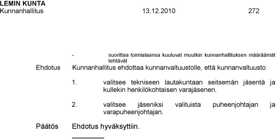 tehtävät Kunnanhallitus ehdottaa kunnanvaltuustolle, että kunnanvaltuusto 1.