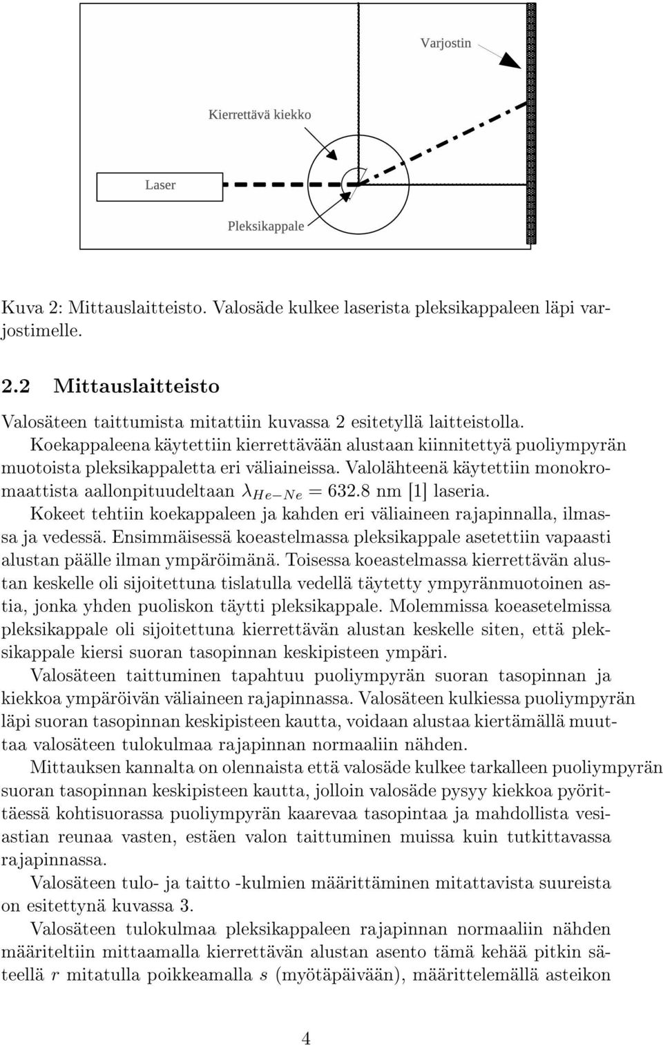 8 nm [1] laseria. Kokeet tehtiin koekappaleen ja kahden eri väliaineen rajapinnalla, ilmassa ja vedessä. Ensimmäisessä koeastelmassa pleksikappale asetettiin vapaasti alustan päälle ilman ympäröimänä.