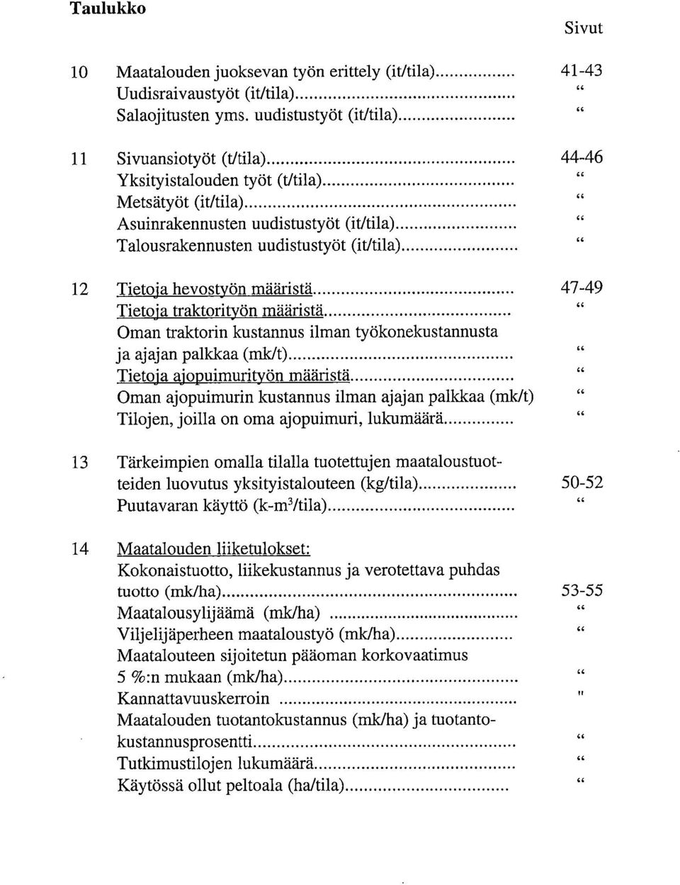 hevstyön määristä Tietja traktrityön määristä Oman traktrin kustannus ilman työknekustannusta ja ajajan palkkaa (mk/ Tietja ajpuimurityön määristä Oman ajpuimurin kustannus ilman ajajan palkkaa