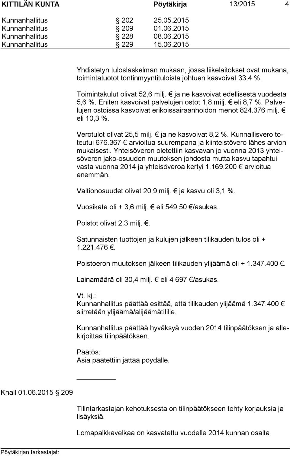 376 milj. eli 10,3 %. Verotulot olivat 25,5 milj. ja ne kasvoivat 8,2 %. Kunnallisvero toteu tui 676.367 arvioitua suurempana ja kiinteistövero lähes arvion mu kai ses ti.