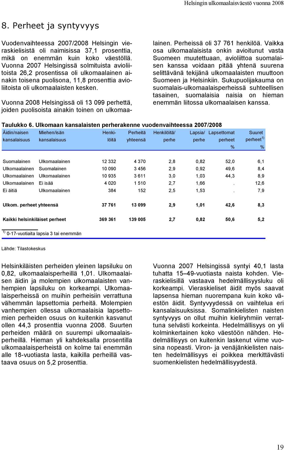 Vuonna 2008 Helsingissä oli 13 099 perhettä, joiden puolisoista ainakin toinen on ulkomaalainen. Perheissä oli 37 761 henkilöä.