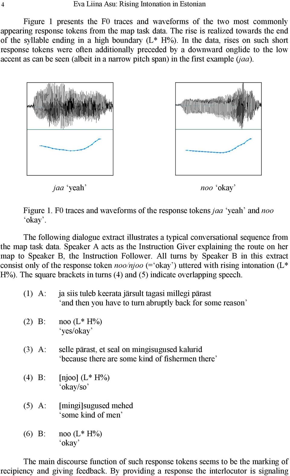 In the data, rises on such short response tokens were often additionally preceded by a downward onglide to the low accent as can be seen (albeit in a narrow pitch span) in the first example (jaa).