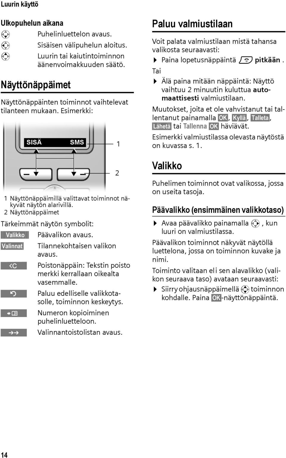 2 Näyttönäppäimet Tärkeimmät näytön symbolit: Valikko Päävalikon avaus. Valinnat Tilannekohtaisen valikon avaus. W Poistonäppäin: Tekstin poisto merkki kerrallaan oikealta vasemmalle.