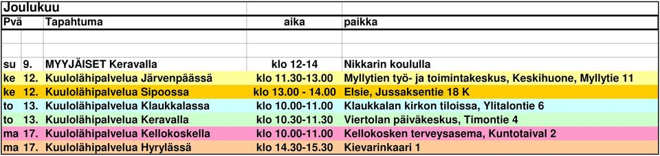 Kuulolähipalvelua Klaukkalassa klo 10.00-11.00 Klaukkalan kirkon tiloissa, Ylitalontie 6 to 13. Kuulolähipalvelua Keravalla klo 10.30-11.