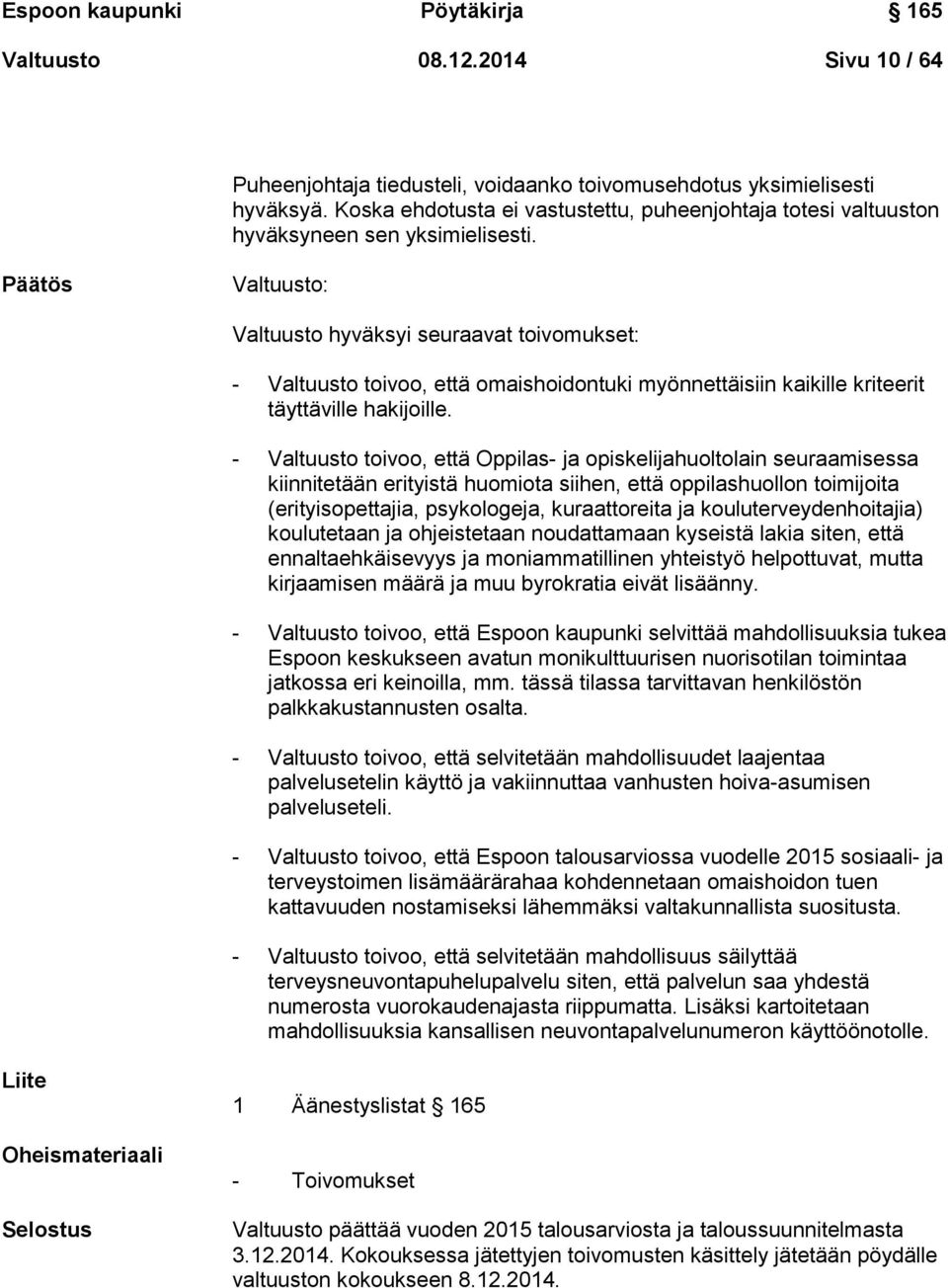 Päätös Valtuusto: Valtuusto hyväksyi seuraavat toivomukset: - Valtuusto toivoo, että omaishoidontuki myönnettäisiin kaikille kriteerit täyttäville hakijoille.