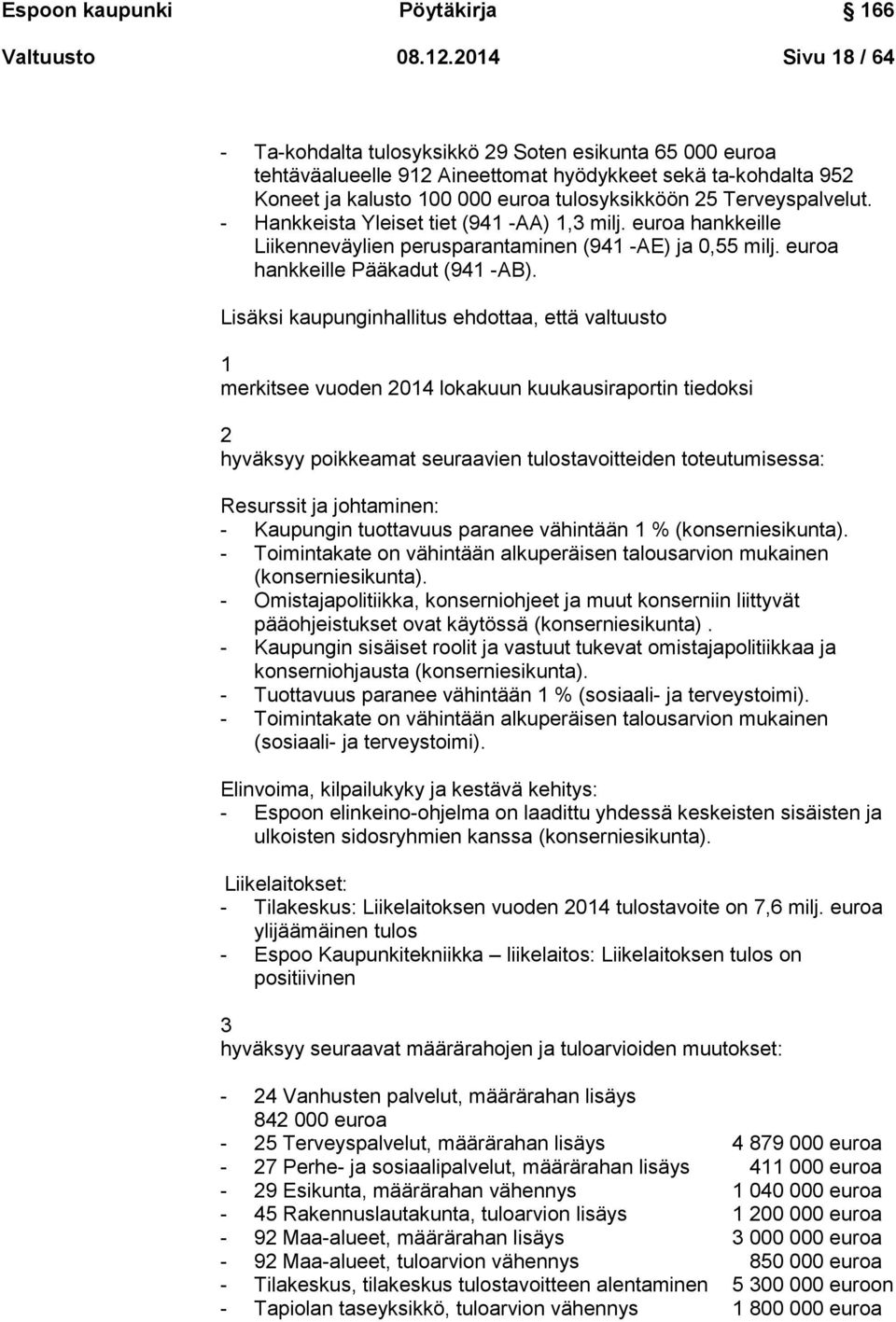 Terveyspalvelut. - Hankkeista Yleiset tiet (941 -AA) 1,3 milj. euroa hankkeille Liikenneväylien perusparantaminen (941 -AE) ja 0,55 milj. euroa hankkeille Pääkadut (941 -AB).