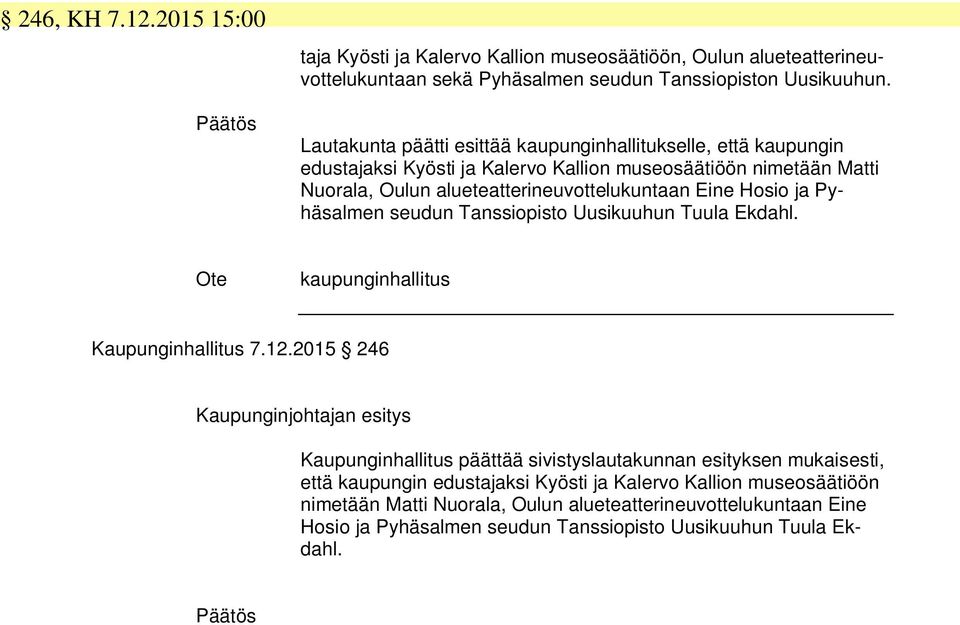 alueteatterineuvottelukuntaan Eine Hosio ja Pyhäsalmen seudun Tanssiopisto Uusikuuhun Tuula Ekdahl. Kaupunginhallitus 7.12.