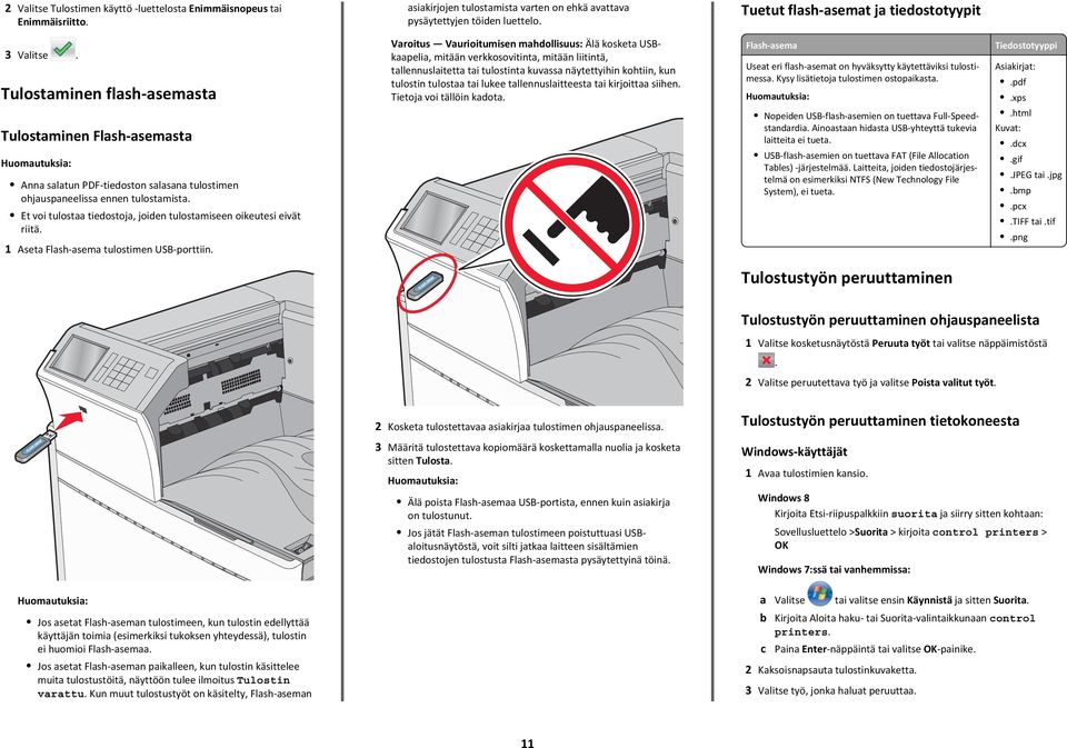Tulostaminen flash-asemasta Tulostaminen Flash-asemasta Huomautuksia: Anna salatun PDF-tiedoston salasana tulostimen ohjauspaneelissa ennen tulostamista.