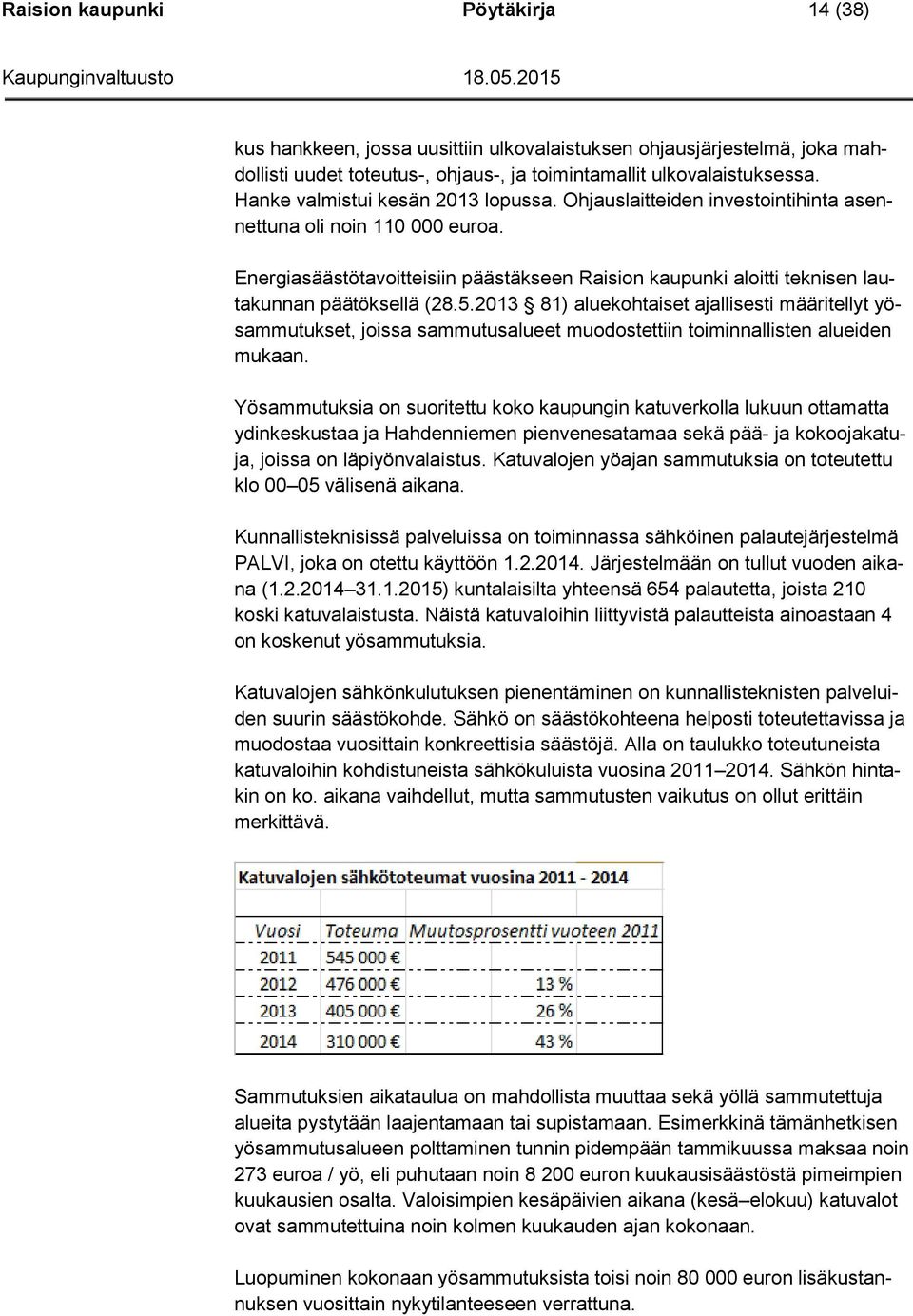 Energiasäästötavoitteisiin päästäkseen Raision kaupunki aloitti teknisen lautakunnan päätöksellä (28.5.