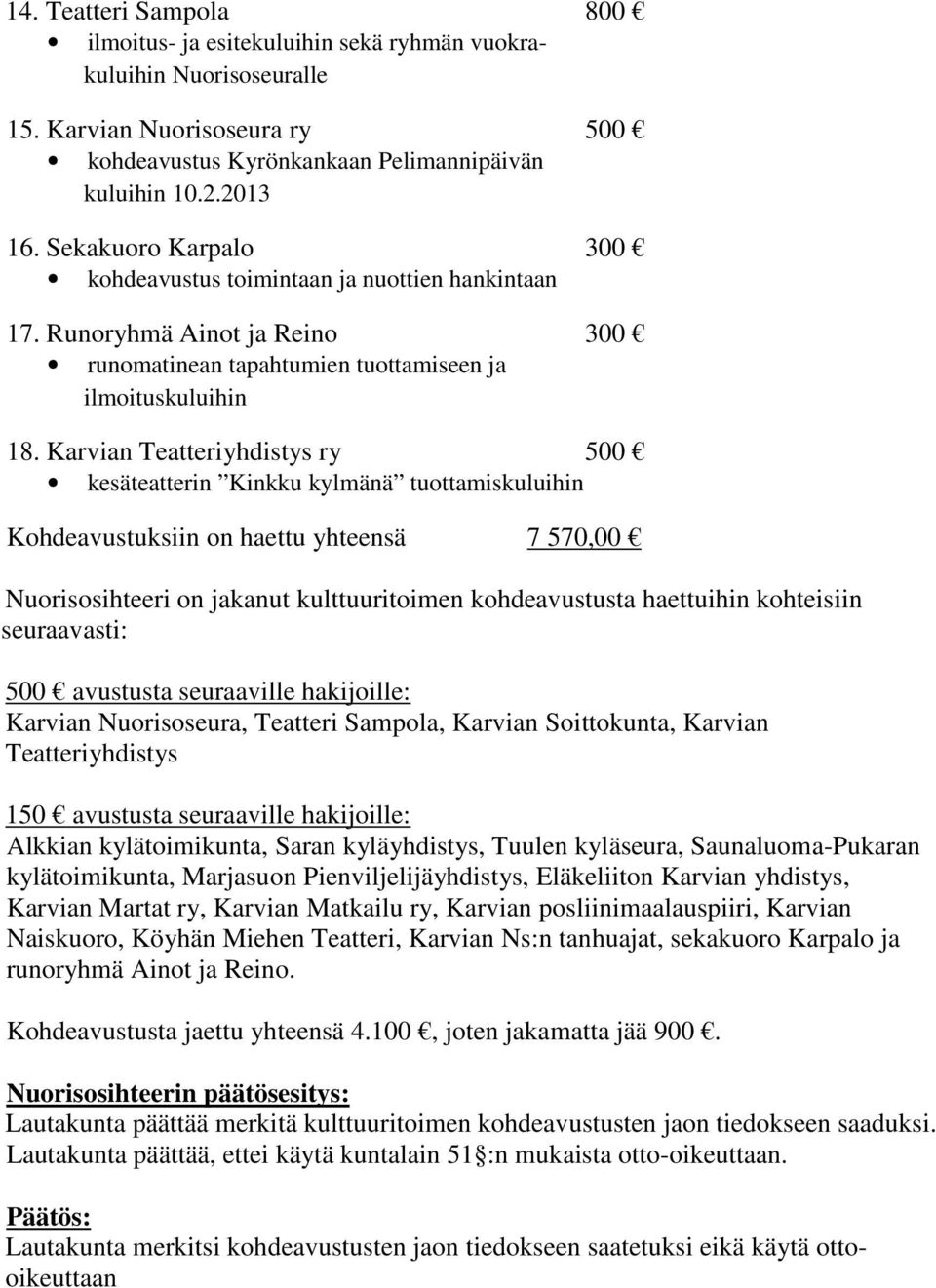 Karvian Teatteriyhdistys ry 500 kesäteatterin Kinkku kylmänä tuottamiskuluihin Kohdeavustuksiin on haettu yhteensä 7 570,00 Nuorisosihteeri on jakanut kulttuuritoimen kohdeavustusta haettuihin