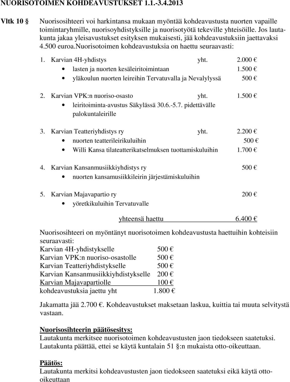 Jos lautakunta jakaa yleisavustukset esityksen mukaisesti, jää kohdeavustuksiin jaettavaksi 4.500 euroa.nuorisotoimen kohdeavustuksia on haettu seuraavasti: 1. Karvian 4H-yhdistys yht. 2.