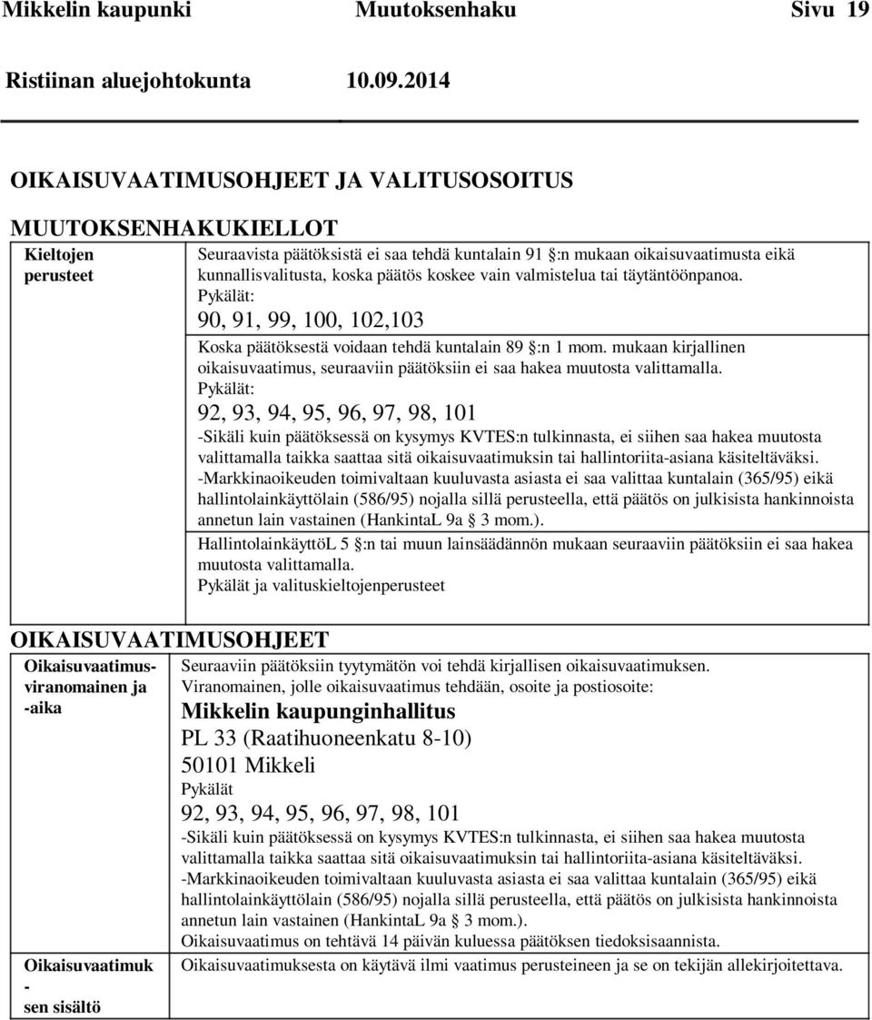 Pykälät: 90, 91, 99, 100, 102,103 Koska päätöksestä voidaan tehdä kuntalain 89 :n 1 mom. mukaan kirjallinen oikaisuvaatimus, seuraaviin päätöksiin ei saa hakea muutosta valittamalla.