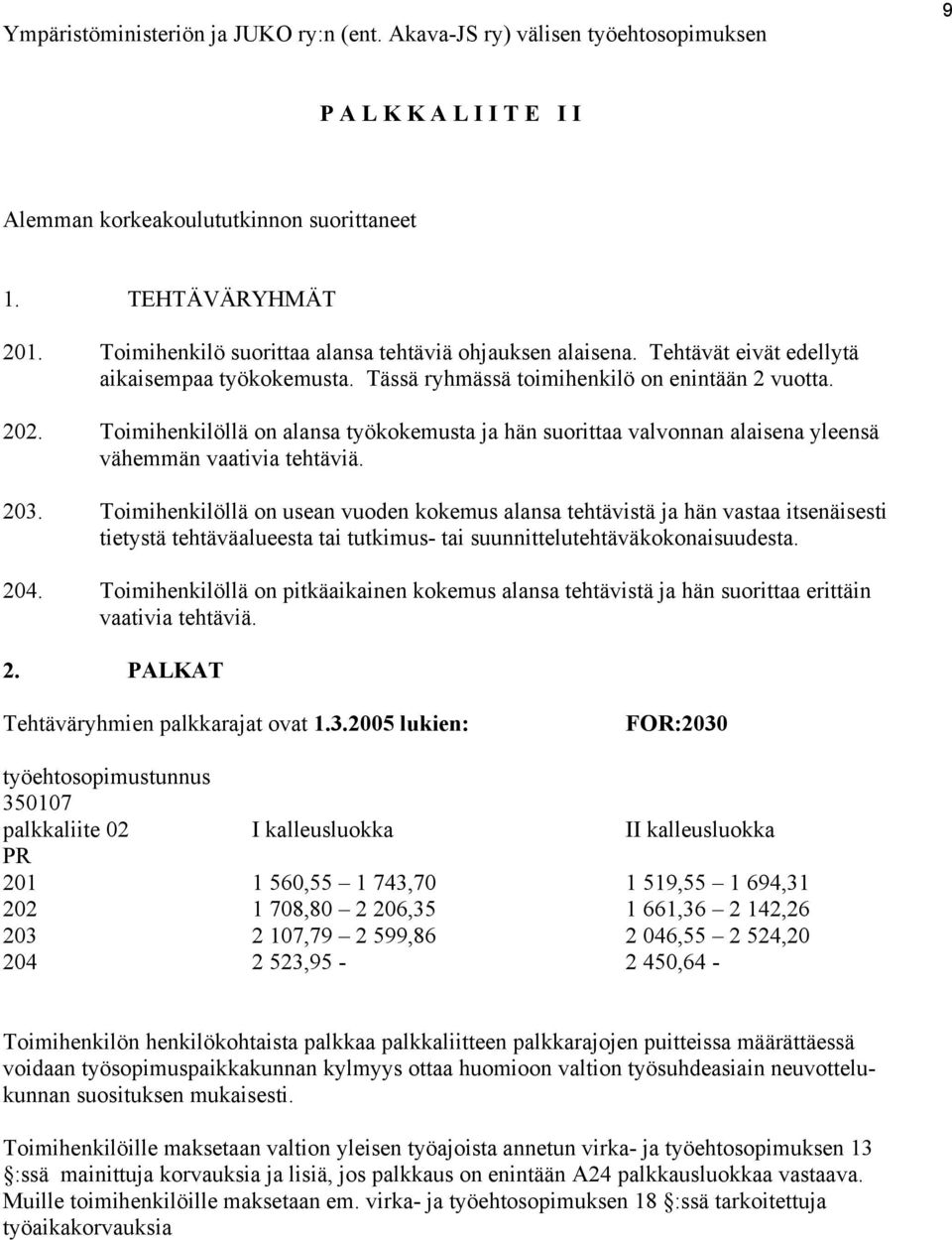 Toimihenkilöllä on alansa työkokemusta ja hän suorittaa valvonnan alaisena yleensä vähemmän vaativia tehtäviä. 203.