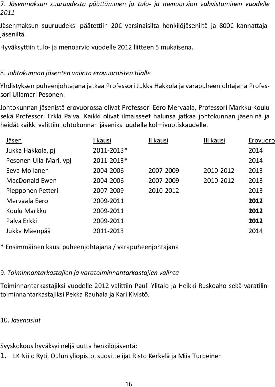 Johtokunnan jäsenten valinta erovuoroisten lalle Yhdistyksen puheenjohtajana jatkaa Professori Jukka Hakkola ja varapuheenjohtajana Professori Ullamari Pesonen.