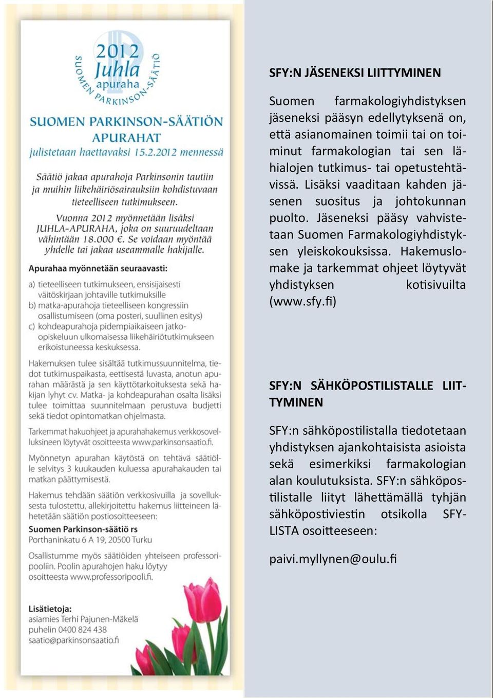 Hakemuslomake ja tarkemmat ohjeet löytyvät yhdistyksen ko sivuilta (www.sfy.
