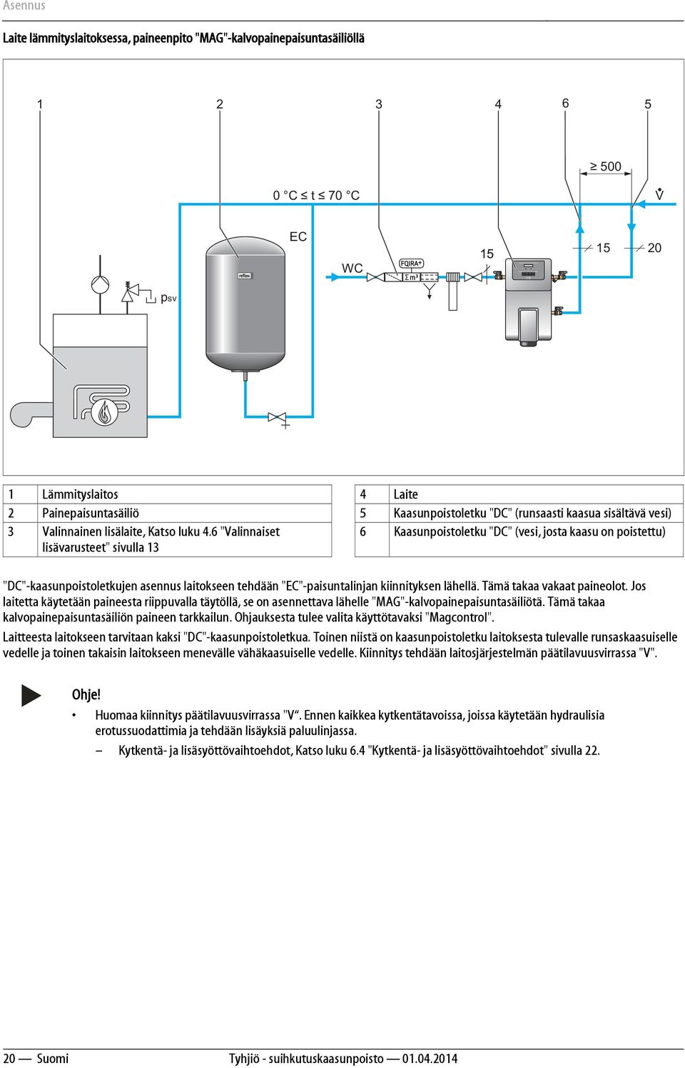 6 "Valinnaiset lisävarusteet" sivulla 13 6 Kaasunpoistoletku "DC" (vesi, josta kaasu on poistettu) "DC"-kaasunpoistoletkujen asennus laitokseen tehdään "EC"-paisuntalinjan kiinnityksen lähellä.