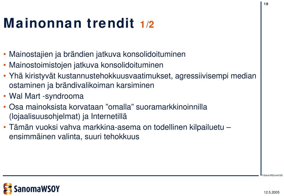 brändivalikoiman karsiminen Wal Mart -syndrooma Osa mainoksista korvataan omalla suoramarkkinoinnilla