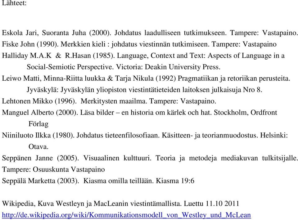 Leiwo Matti, Minna-Riitta luukka & Tarja Nikula (1992) Pragmatiikan ja retoriikan perusteita. Jyväskylä: Jyväskylän yliopiston viestintätieteiden laitoksen julkaisuja Nro 8. Lehtonen Mikko (1996).