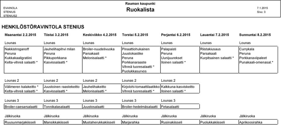 Kurpitsainen salaatti * Porkkanaviipaleet Kelta-vihreä salaatti * Kasvissalaatti * Porkkanaraaste Iloinen salaatti * Punakaali-omenasal.