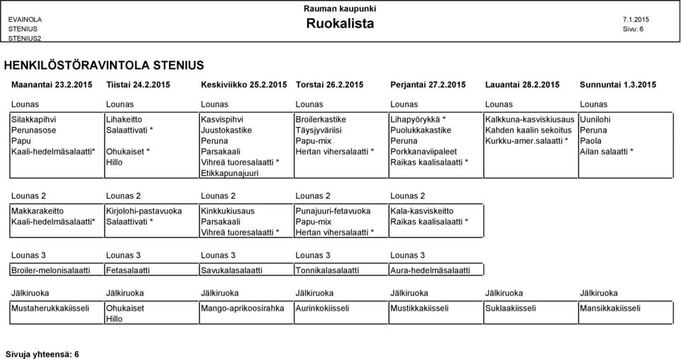 2015 Silakkapihvi Lihakeitto Kasvispihvi Broilerkastike Lihapyörykkä * Kalkkuna-kasviskiusaus Uunilohi Perunasose Salaattivati * Juustokastike Täysjyväriisi Puolukkakastike Kahden kaalin sekoitus