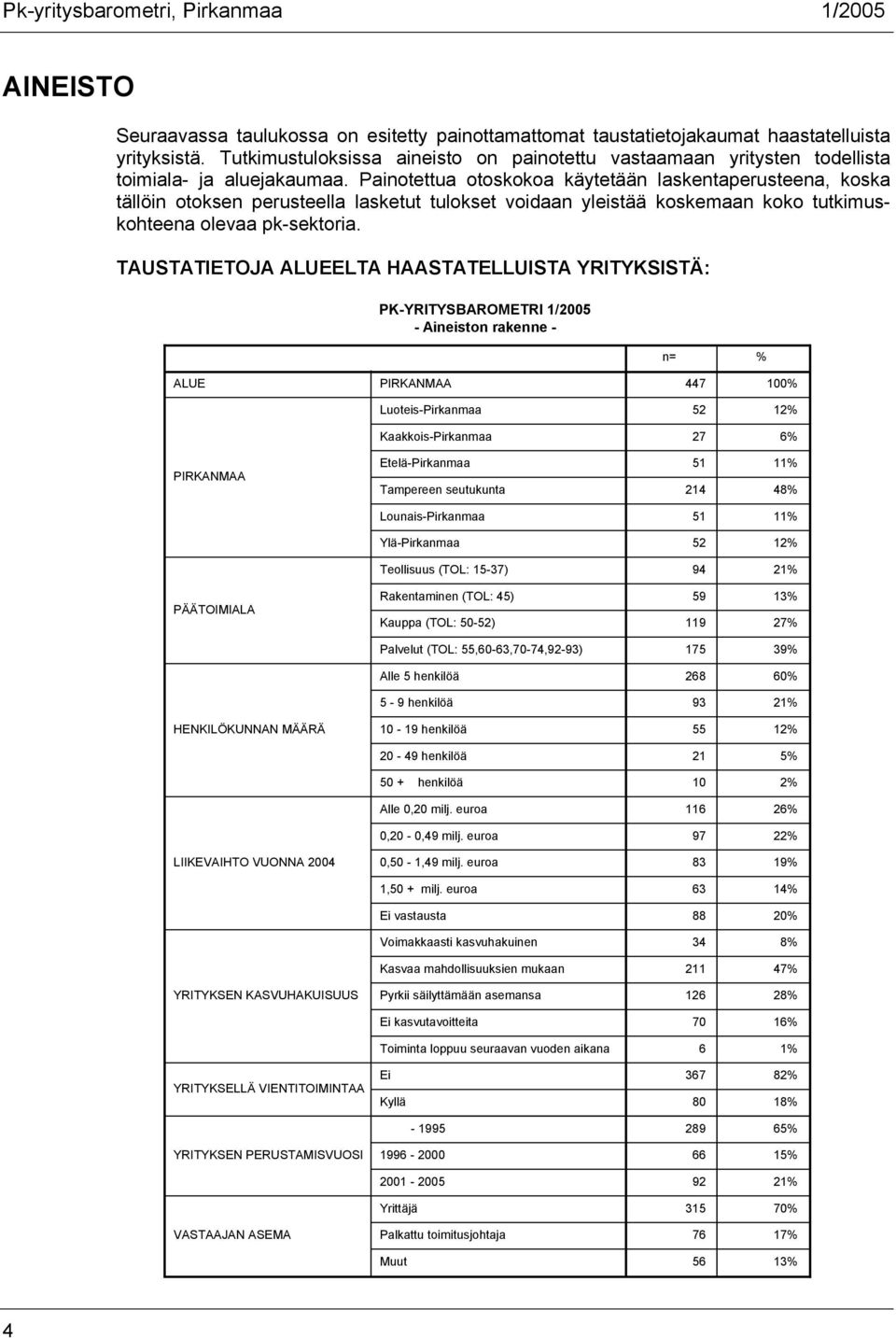 Painotettua otoskokoa käytetään laskentaperusteena, koska tällöin otoksen perusteella lasketut tulokset voidaan yleistää koskemaan koko tutkimuskohteena olevaa pk-sektoria.