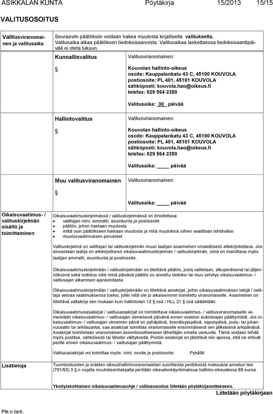 Kunnallisvalitus Valitusviranomainen: Kouvolan hallinto-oikeus osoite: Kauppalankatu 43 C, 45100 KOUVOLA postiosoite: PL 401, 45101 KOUVOLA sähköposti: kouvola.hao@oikeus.