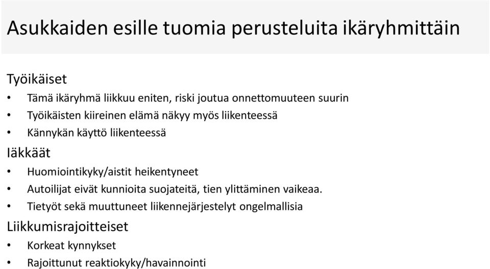 Huomiointikyky/aistit heikentyneet Autoilijat eivät kunnioita suojateitä, tien ylittäminen vaikeaa.