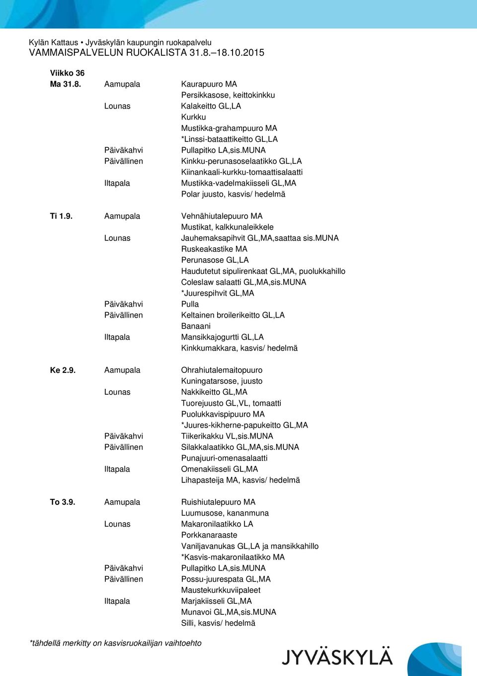 Mustikka-vadelmakiisseli GL,MA Polar juusto, kasvis/ hedelmä Ti 1.9. Aamupala Vehnähiutalepuuro MA Mustikat, kalkkunaleikkele Jauhemaksapihvit GL,MA,saattaa sis.