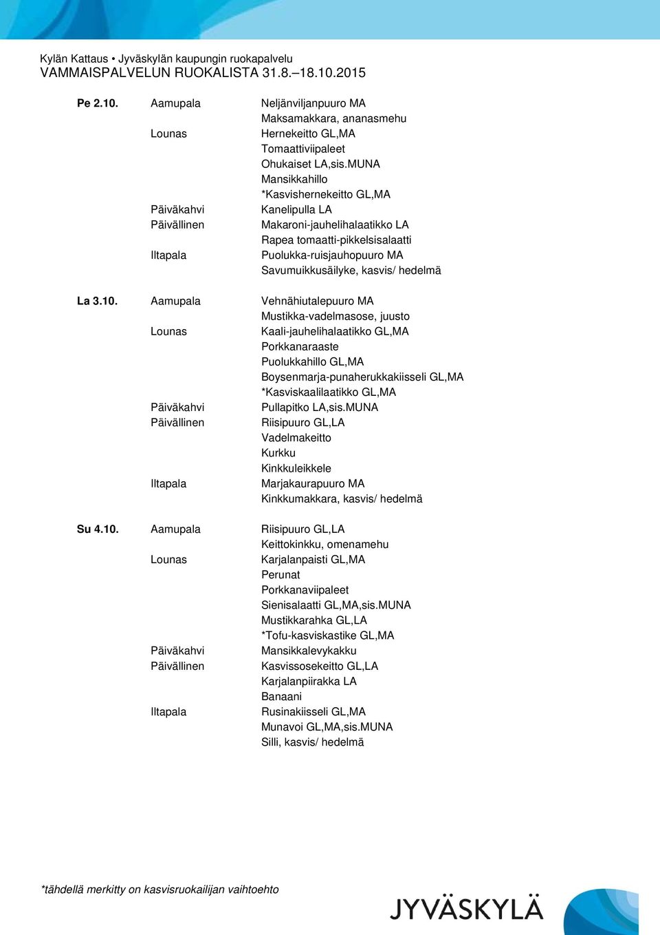 Aamupala Vehnähiutalepuuro MA Mustikka-vadelmasose, juusto Kaali-jauhelihalaatikko GL,MA Porkkanaraaste Puolukkahillo GL,MA Boysenmarja-punaherukkakiisseli GL,MA *Kasviskaalilaatikko GL,MA Riisipuuro