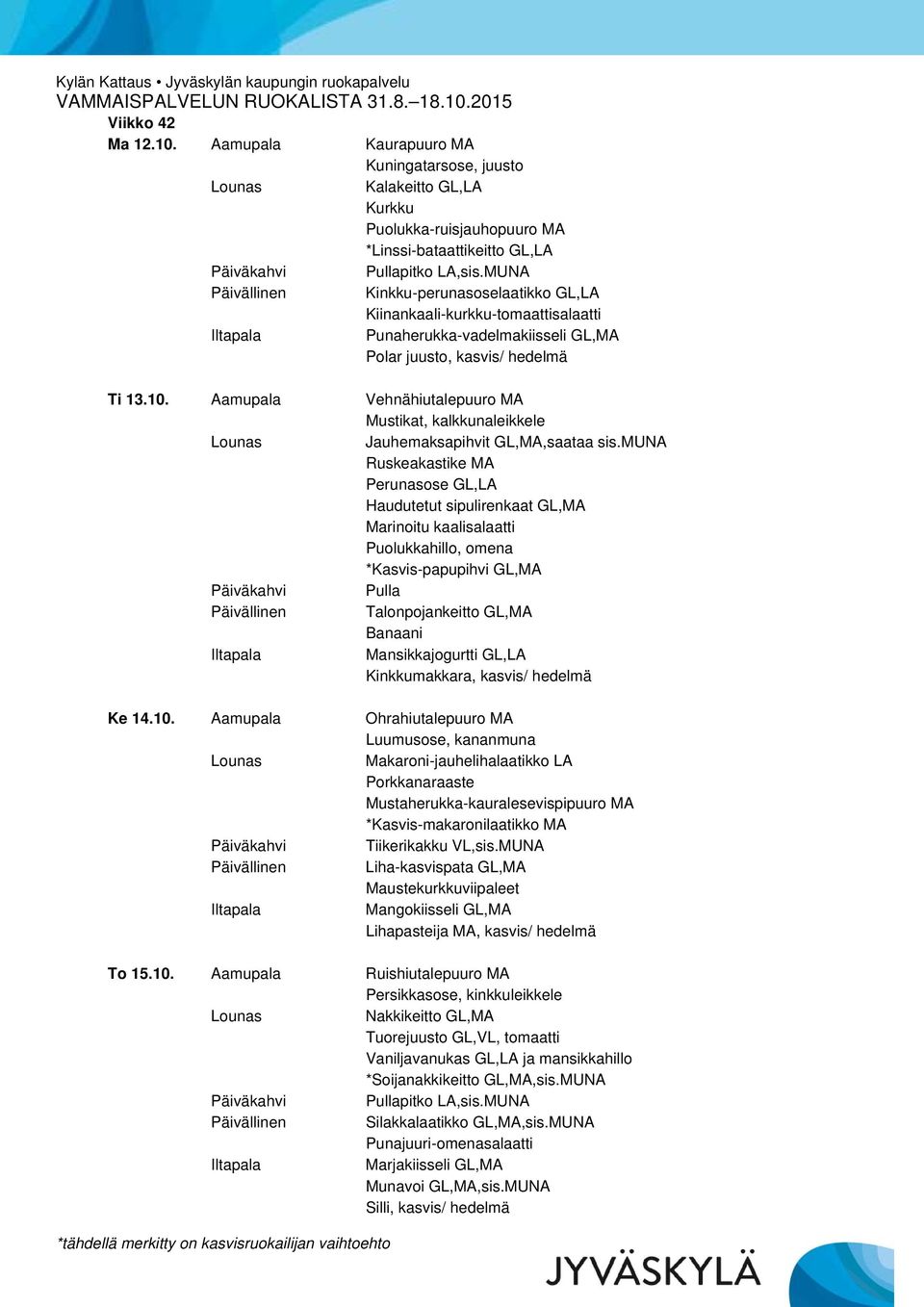 Punaherukka-vadelmakiisseli GL,MA Polar juusto, kasvis/ hedelmä Ti 13.10. Aamupala Vehnähiutalepuuro MA Mustikat, kalkkunaleikkele Jauhemaksapihvit GL,MA,saataa sis.