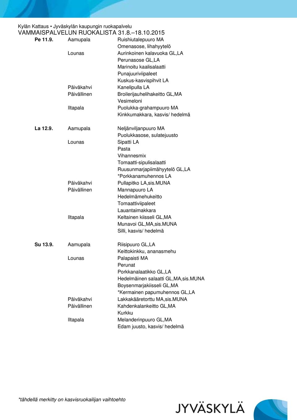 Vesimeloni Puolukka-grahampuuro MA Kinkkumakkara, kasvis/ hedelmä La 12.9.