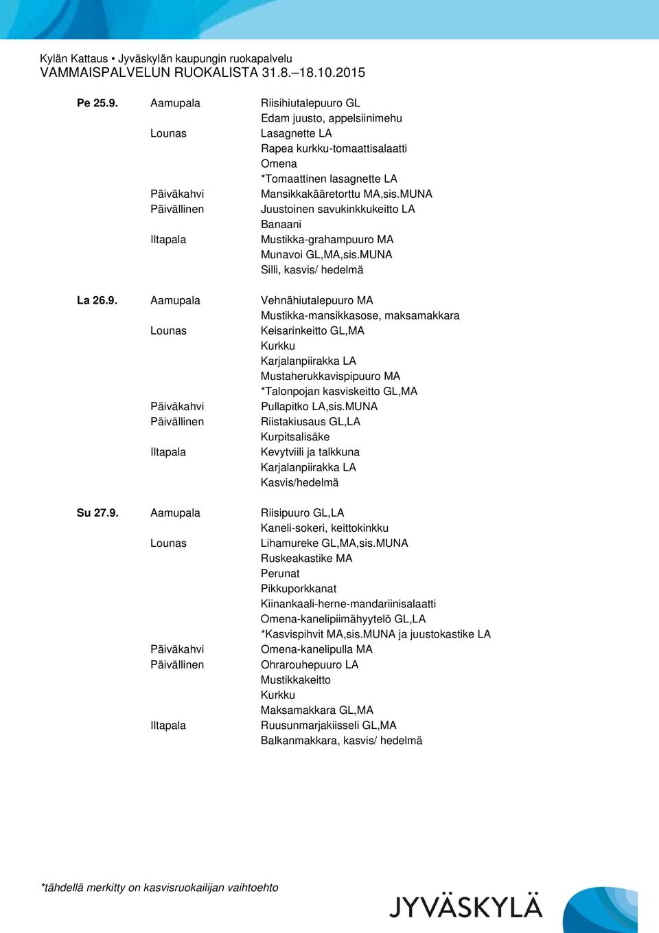 Aamupala Vehnähiutalepuuro MA Mustikka-mansikkasose, maksamakkara Keisarinkeitto GL,MA Karjalanpiirakka LA Mustaherukkavispipuuro MA *Talonpojan kasviskeitto GL,MA Riistakiusaus GL,LA Kurpitsalisäke