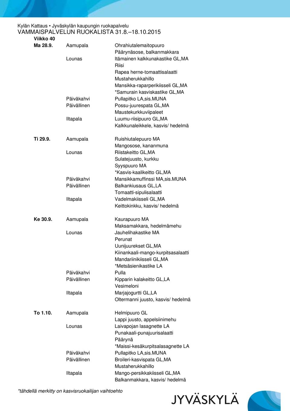 GL,MA Possu-juurespata GL,MA Maustekurkkuviipaleet Luumu-riisipuuro GL,MA Kalkkunaleikkele, kasvis/ hedelmä Ti 29.