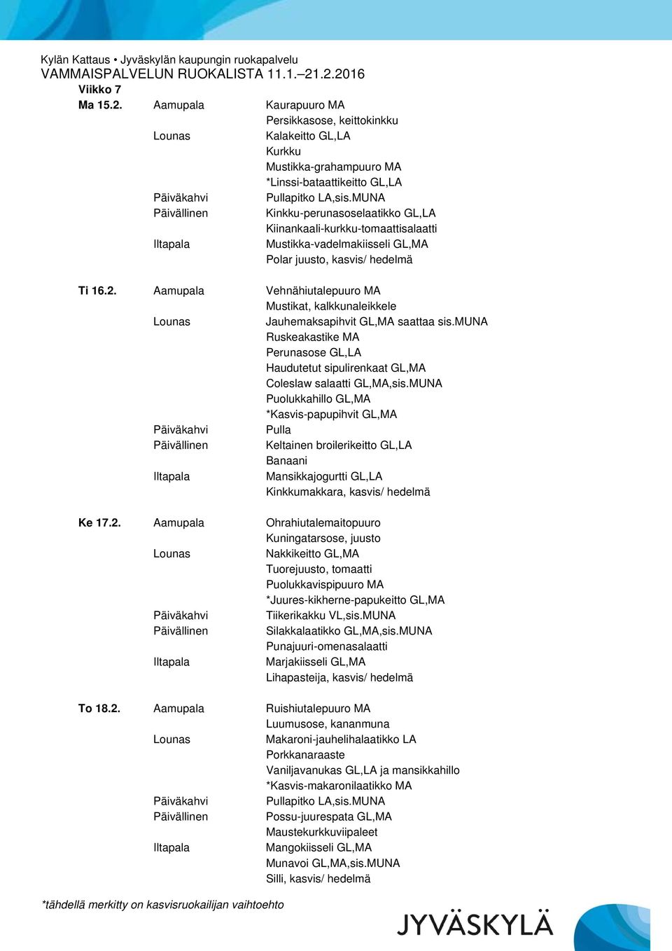Mustikka-vadelmakiisseli GL,MA Polar juusto, kasvis/ hedelmä Ti 16.2. Aamupala Vehnähiutalepuuro MA Mustikat, kalkkunaleikkele Jauhemaksapihvit GL,MA saattaa sis.