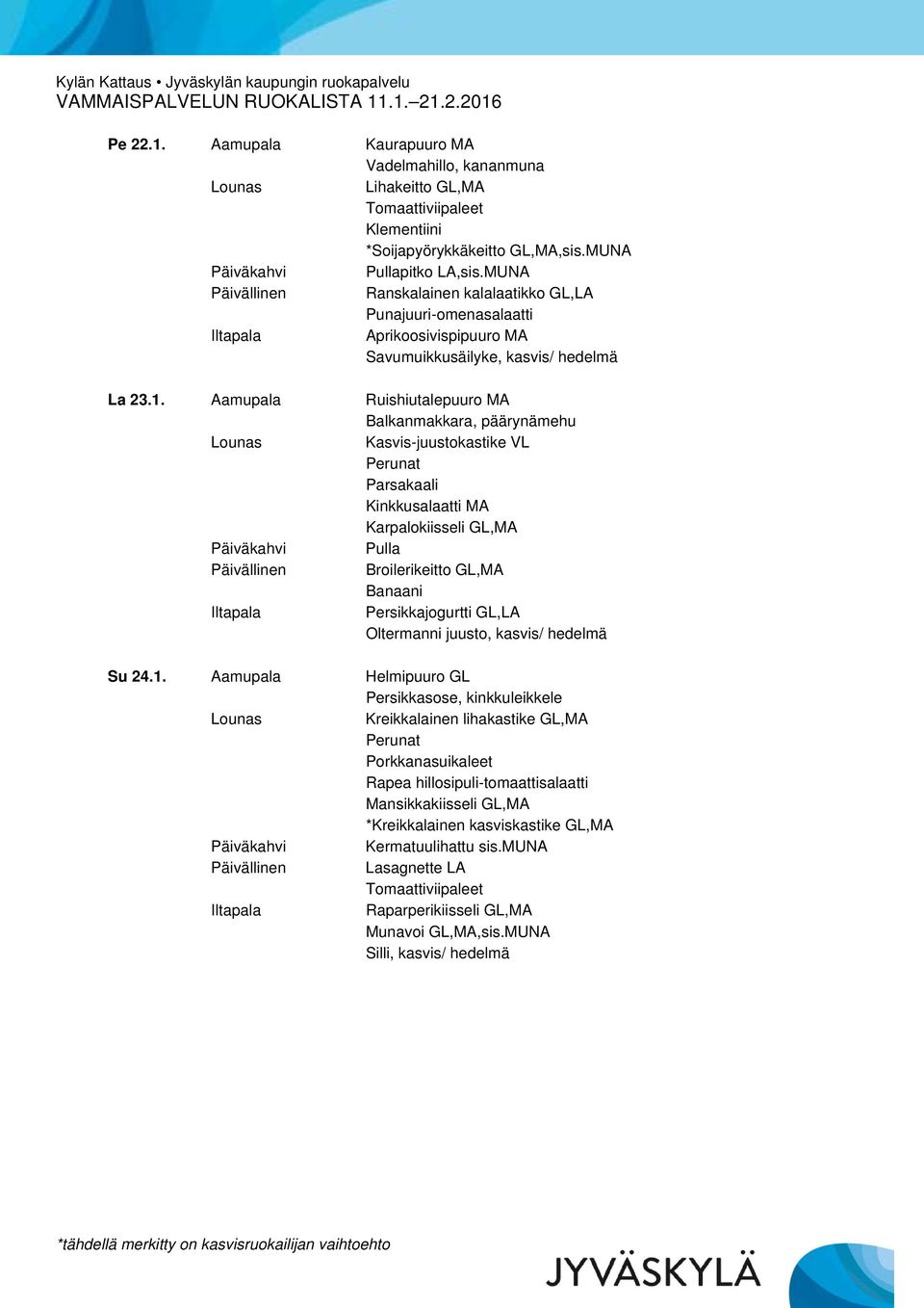 Aamupala Ruishiutalepuuro MA Balkanmakkara, päärynämehu Kasvis-juustokastike VL Parsakaali Kinkkusalaatti MA Karpalokiisseli GL,MA Broilerikeitto GL,MA Persikkajogurtti GL,LA Oltermanni juusto,