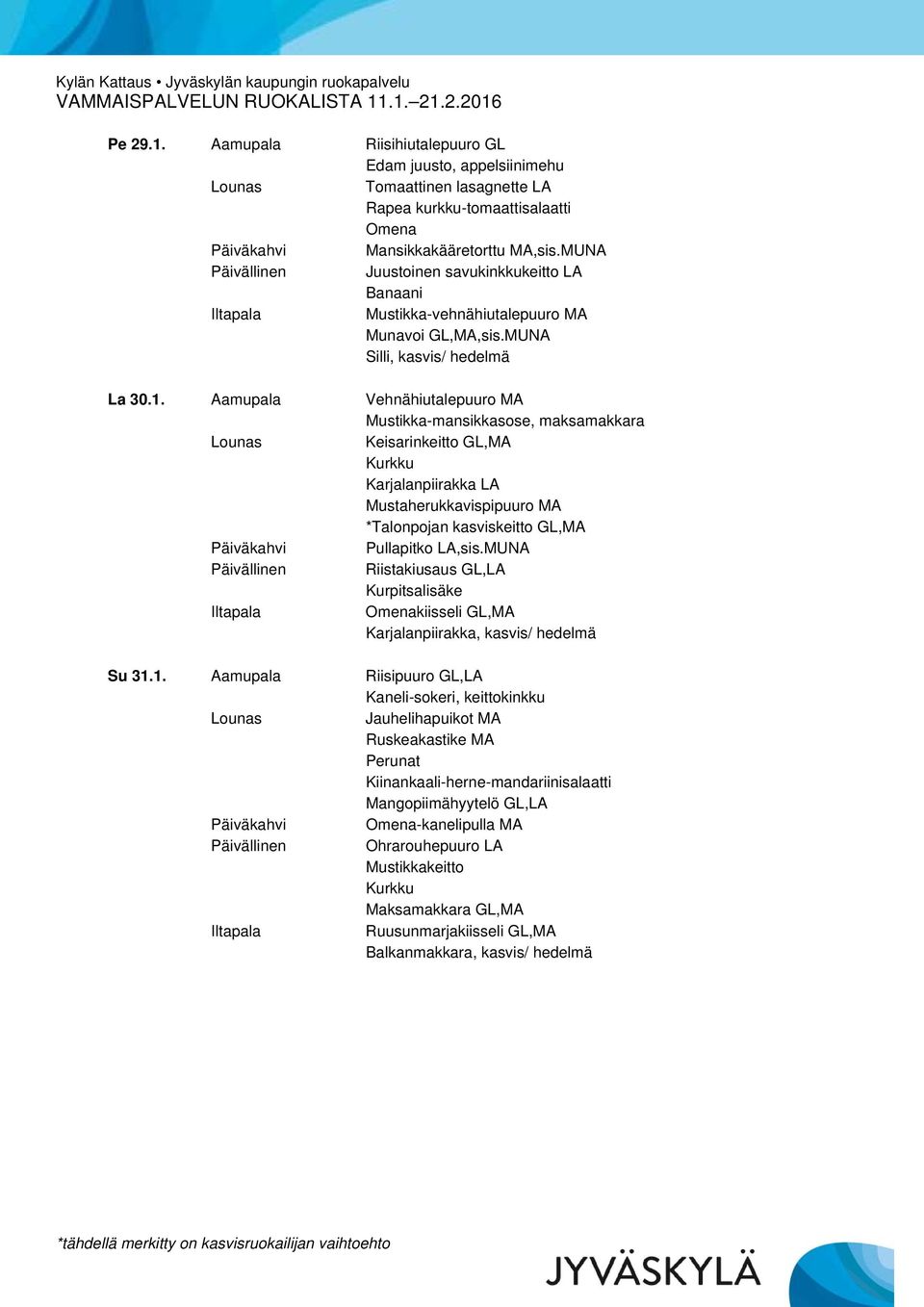 Aamupala Vehnähiutalepuuro MA Mustikka-mansikkasose, maksamakkara Keisarinkeitto GL,MA Karjalanpiirakka LA Mustaherukkavispipuuro MA *Talonpojan kasviskeitto GL,MA Riistakiusaus GL,LA Kurpitsalisäke
