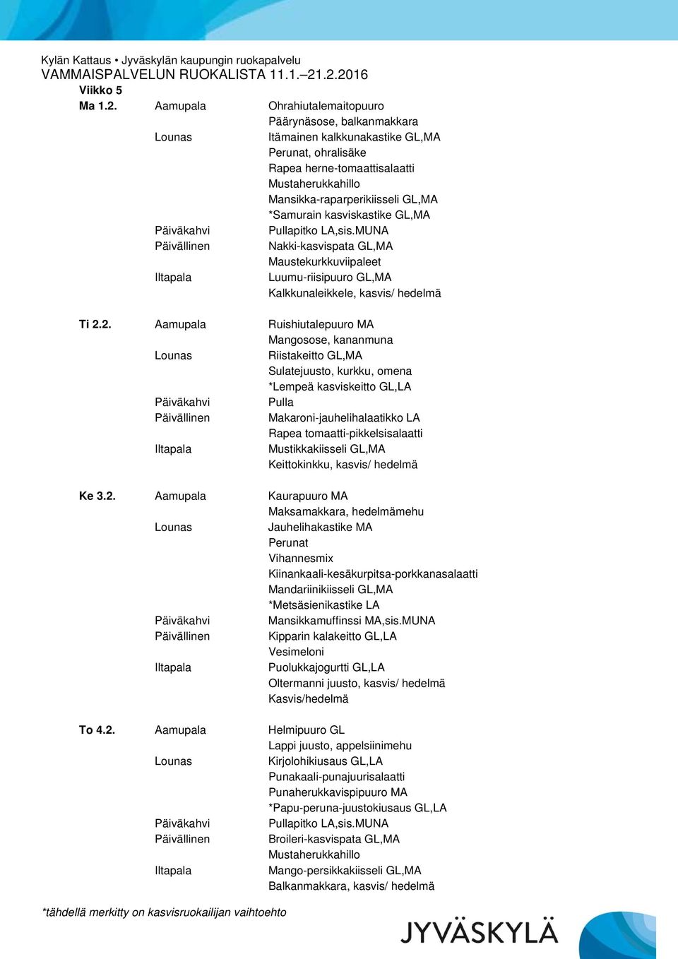 kasviskastike GL,MA Nakki-kasvispata GL,MA Maustekurkkuviipaleet Luumu-riisipuuro GL,MA Kalkkunaleikkele, kasvis/ hedelmä Ti 2.