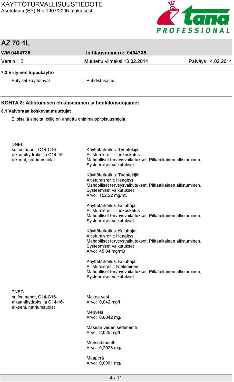 DNEL sulfonihapot, C14-C16- alkaanihydroksi ja C14-16- alkeeni, natriumsuolat : Käyttötarkoitus: Työntekijät Altistumisreitit: Ihokosketus Mahdolliset terveysvaikutukset: Pitkäaikainen altistuminen,